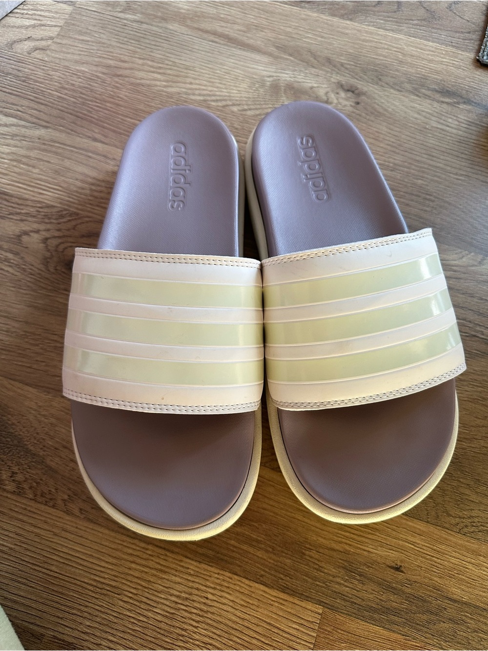 adidas Women's Mauve Slide Sandals with Pale Yellow Stripes